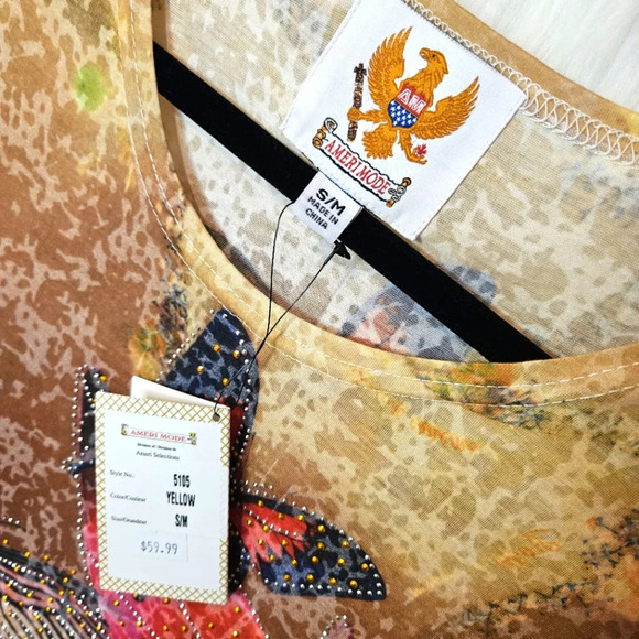 Ameri Mode Yellow Butterflies Bejeweled Vintage Tunic - Picture 3 of 5